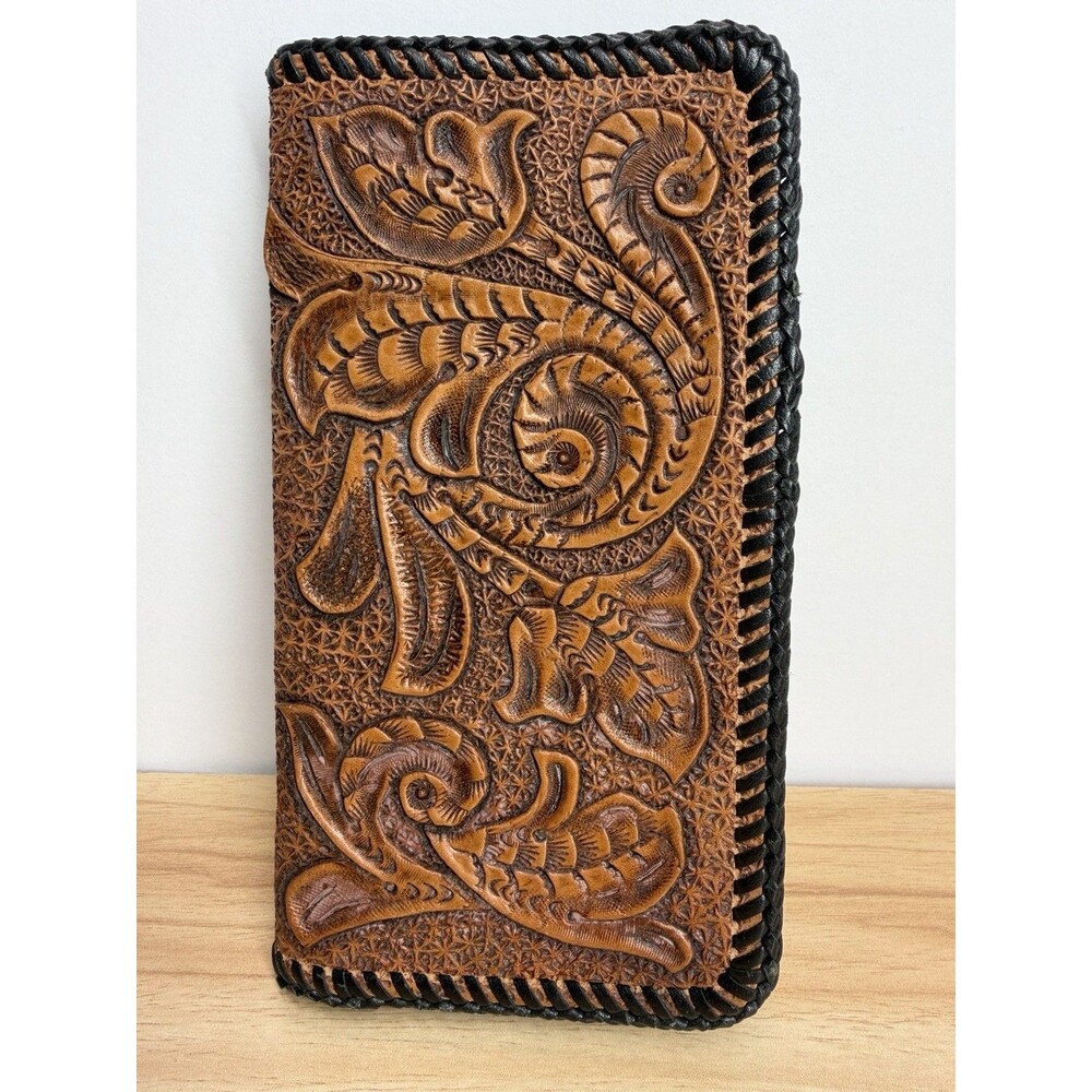 Vintage Tooled Leather Checkbook Cover Floral Western Hand Tooled Boho 7.5x4